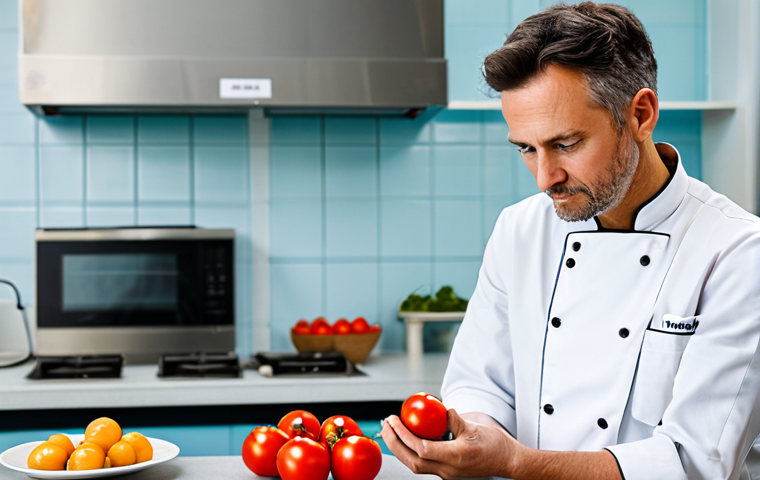 A thoughtful professional chef, fully clothed in a clean, modest chef's uniform, stands in a modern, well-lit kitchen. One hand rests on a table displaying fresh, natural ingredients like ripe red tomatoes and earthy mushrooms, while the other hand gently holds a small, generic, labeled food additive container (representing MSG). The chef's expression is contemplative, conveying the ongoing debate about food additives and healthy eating. The background shows blurred kitchen elements, suggesting a busy but clean professional environment. Safe for work, appropriate content, fully clothed, professional dress, family-friendly, perfect anatomy, correct proportions, natural pose, well-formed hands, proper finger count, natural body proportions, professional photography, high quality.