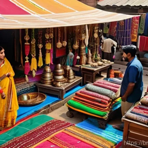 Home 24 인도 전통 시장과 쇼핑 팁 - **A Bustling Indian Handicraft Market:** A vibrant and colorful traditional Indian market scene, bri...