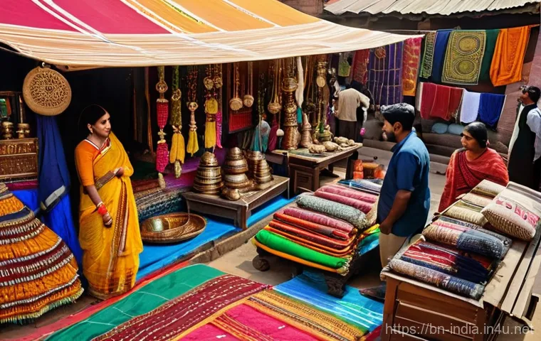 인도 전통 시장과 쇼핑 팁 - **A Bustling Indian Handicraft Market:** A vibrant and colorful traditional Indian market scene, bri...