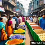 Home 12 인도에서 사용하는 주요 언어와 분포 - A vibrant street market scene in Kolkata, West Bengal, showcasing diverse people communicating in Be...