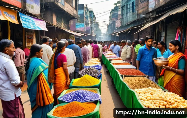 인도에서 사용하는 주요 언어와 분포 - A vibrant street market scene in Kolkata, West Bengal, showcasing diverse people communicating in Be...