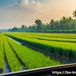 Home 16 기차 여행으로 본 인도 시골 풍경 - A serene rural landscape viewed through a train window, showcasing vast, lush green paddy fields str...